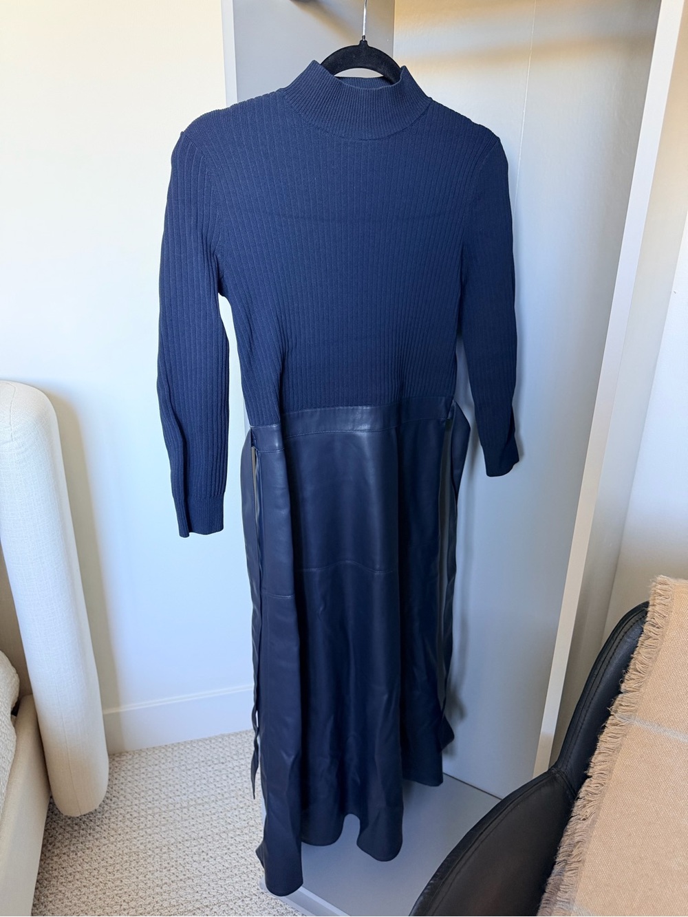 Shoshanna Navy Ribbed Knit & Faux Leather Panel Long Sleeve Dress